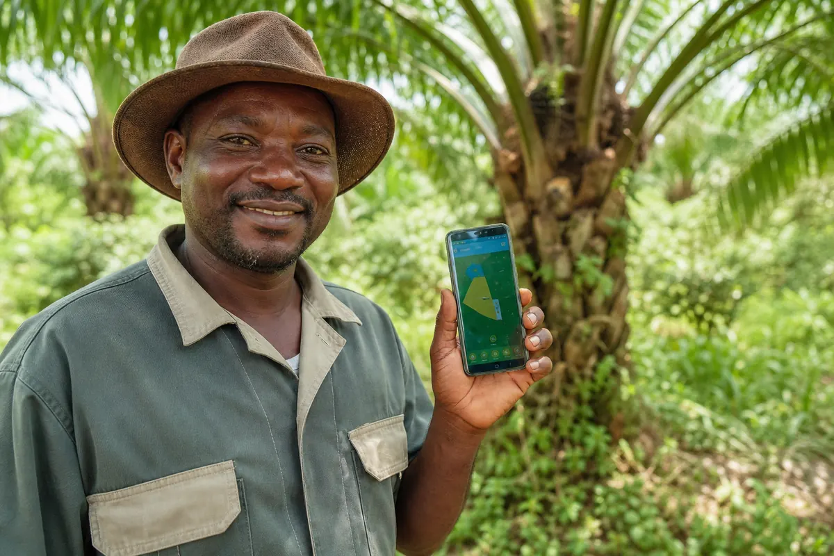 Planteur consultant l'application AgriCollect dans sa plantation